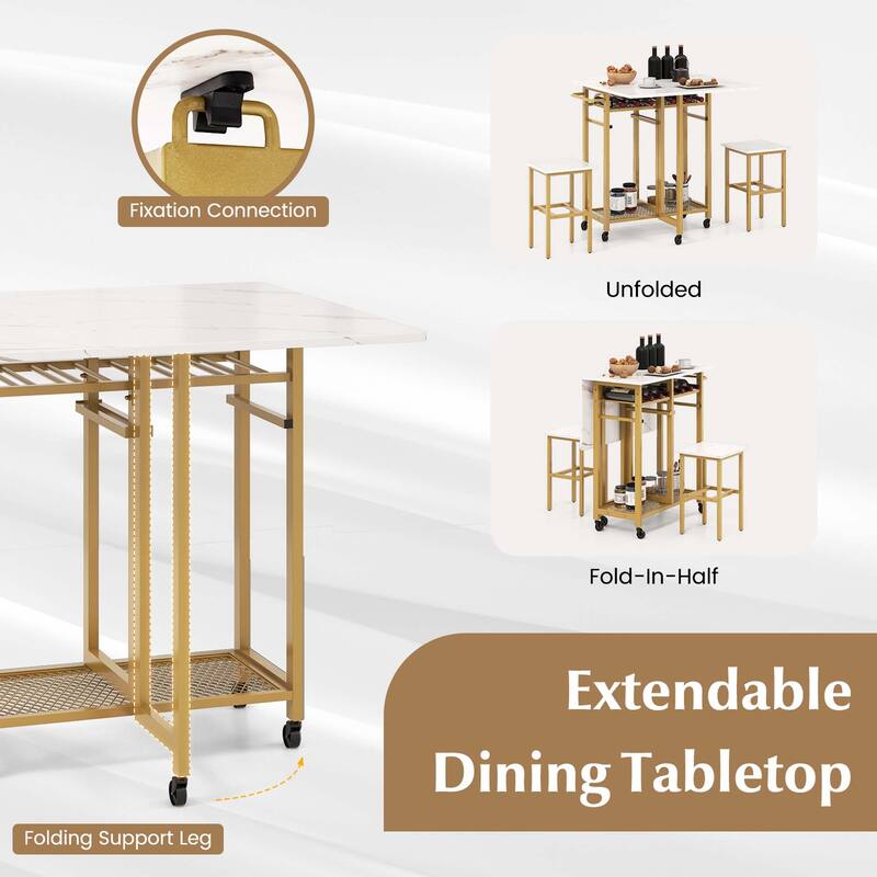 Costway 3 PCS Rolling Dining Table Set Extendable Kitchen Table 2