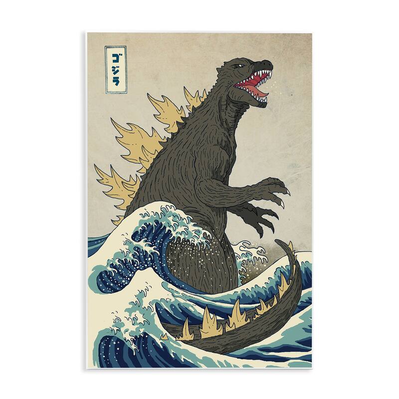 Stupell Godzilla in the Waves Eastern Poster Style Wood Wall Art, 10x15, Proudly Made in USA - Multi-color - 13 x 19