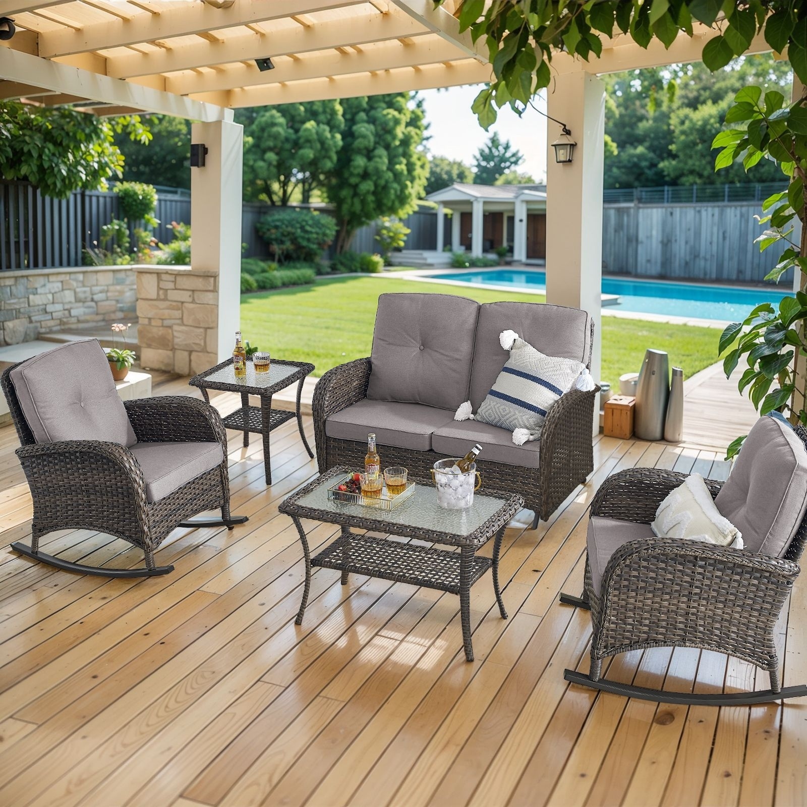 Outdoor Glider Sofa Rocker Chairs Table Brown-Grey - Brown