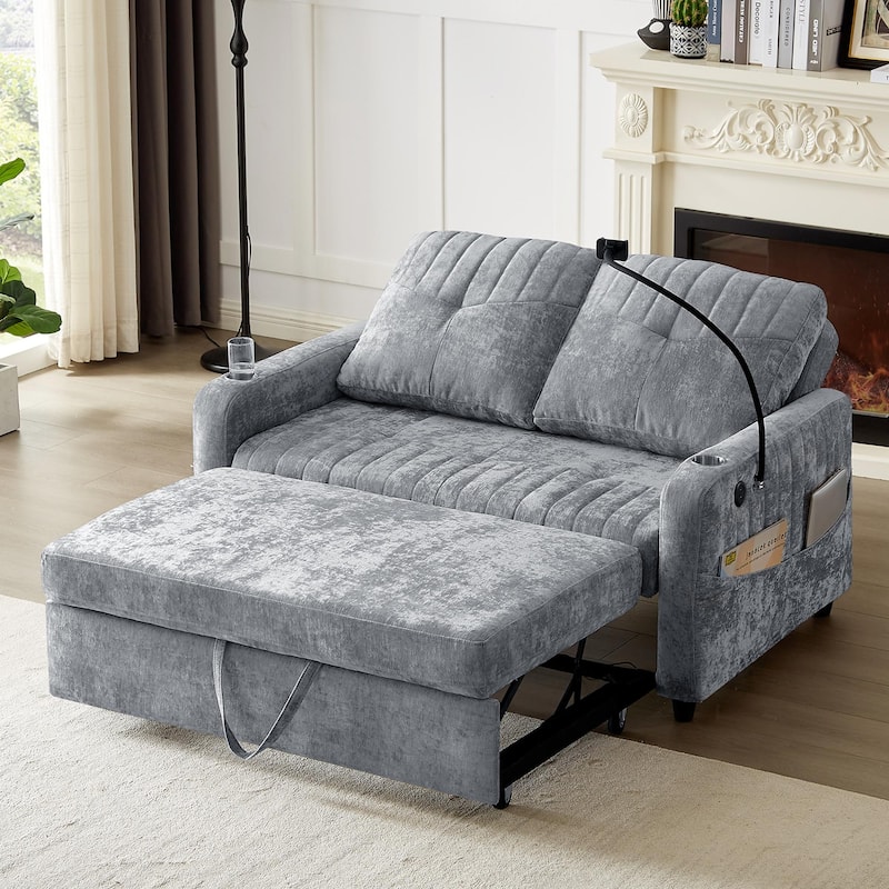 Multi-Functional Sleeper Sofa Pull-Out Loveseat with USB Charging, Sofa Bed with Adjustable Backrest and Storage Pockets