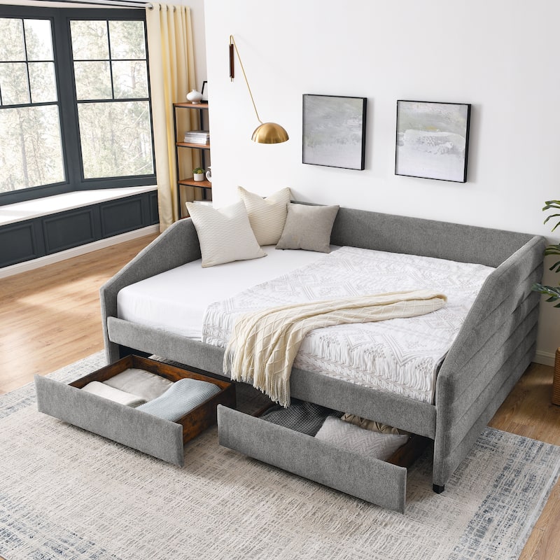 Linen Fabric Upholstered Daybed with Pull-Out Trundle or Storage Drawers, Tufted Sofa Bed Frame with Wood Slat Support - Grey with Drawers - Queen