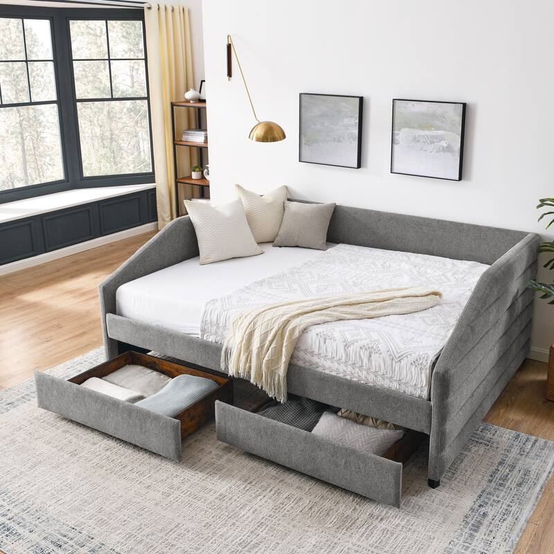 Roomfitters Queen/Twin Size Upholstered Daybed with Drawers, Linen Tufted Sofa Bed with Trundle Storage, Modern Guest Bed