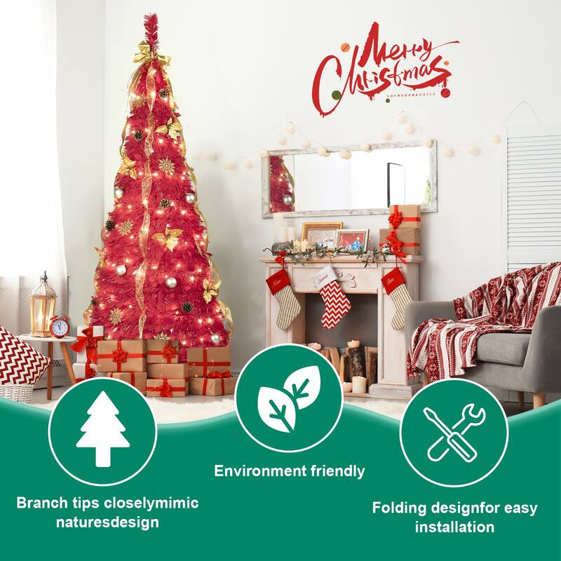 6FT Red Pop-Up Christmas Tree with 150 Warm White LED Lights,Included-4 Ribbons,Bow,Flowers,Snowflakes,Pine Cones&Balls