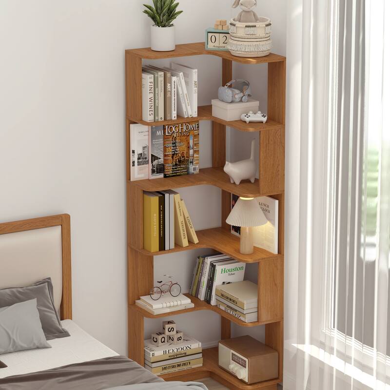 6 Tier Freestanding L-Shaped Corner Bookshelf Wooden Bookcase with anti-drop panle and anti tipping device - Oak
