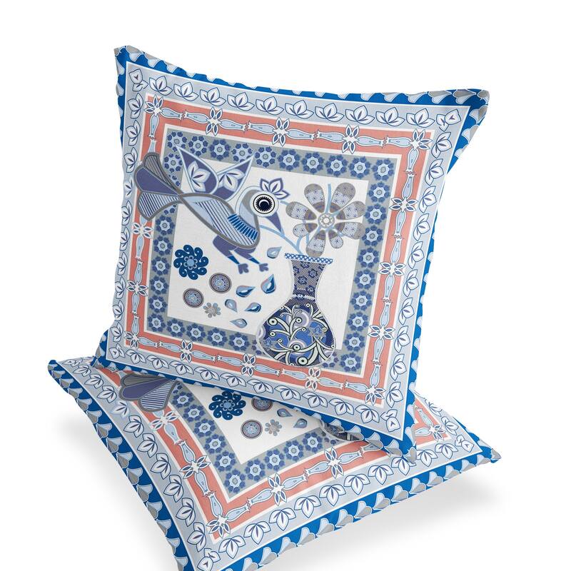 HomeRoots Set of Two 16" X 16" Blue and Gray Peacock Blown Seam Floral Indoor Outdoor Throw Pillow - 16.00' X '16.00' X '5.00