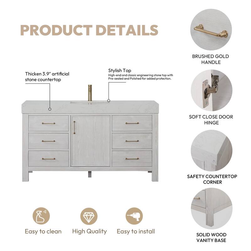 Leon 60 in. Single Bathroom Vanity with Composite Stone Top