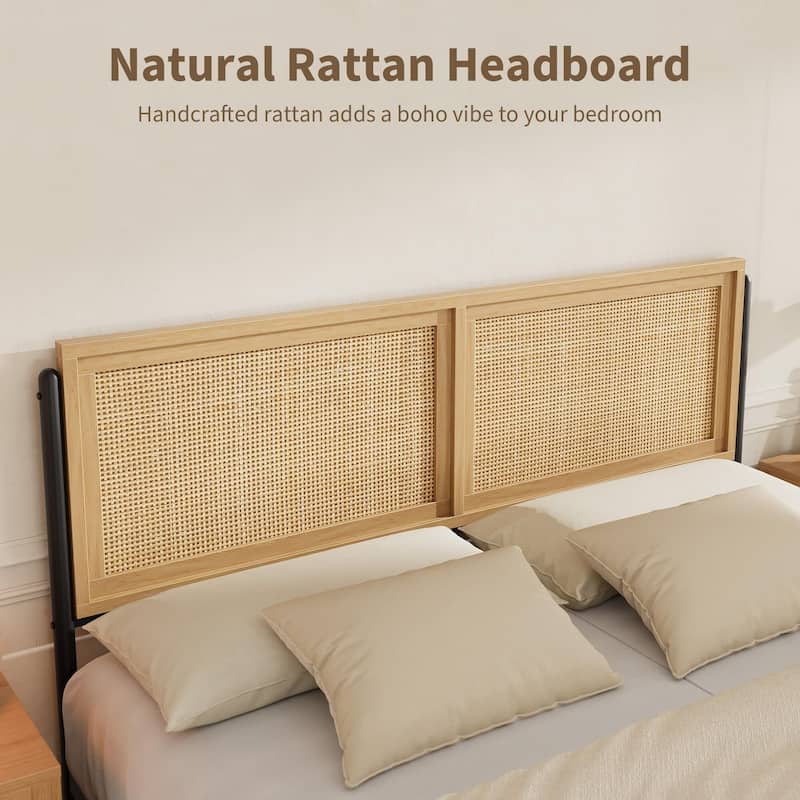 Boho Bed Frame with Natural Rattan Headboard and Footboard