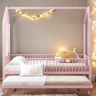 Pink Full Size Metal House Bed with Fence, Kids Bed with Trundle