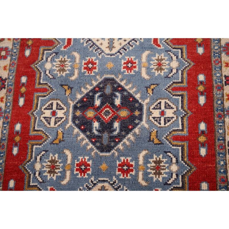 Blue Geometric Kazak Foyer Rug Handmade Traditional Wool Carpet - 2'1" x 2'11"