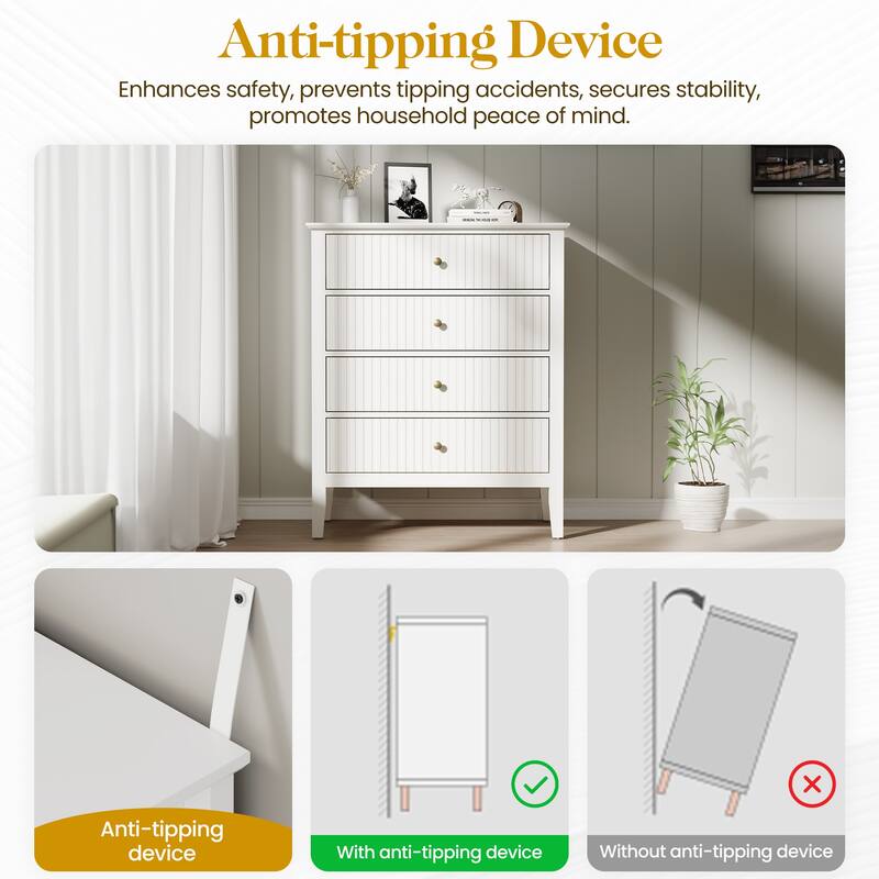 White Fluted 4 Drawer Dresser For Bedroom