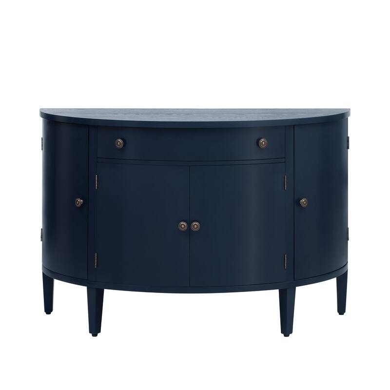 4 Doors Solid Wood Curved Storage Cabinet with Adjustable Shelves and Drawer, Sideboard with Distressed Button Door Handle