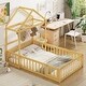 preview thumbnail 1 of 2, Wooden Floor Bed with Fence Railings and Detachable House Shape Headboard,Full Size Bed with Kids Dress Up Rack Natural