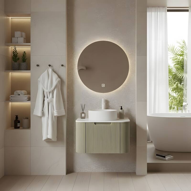 Wall Mounted Bathroom with White Round Ceramic Basin and Drawer - Light Green - 24