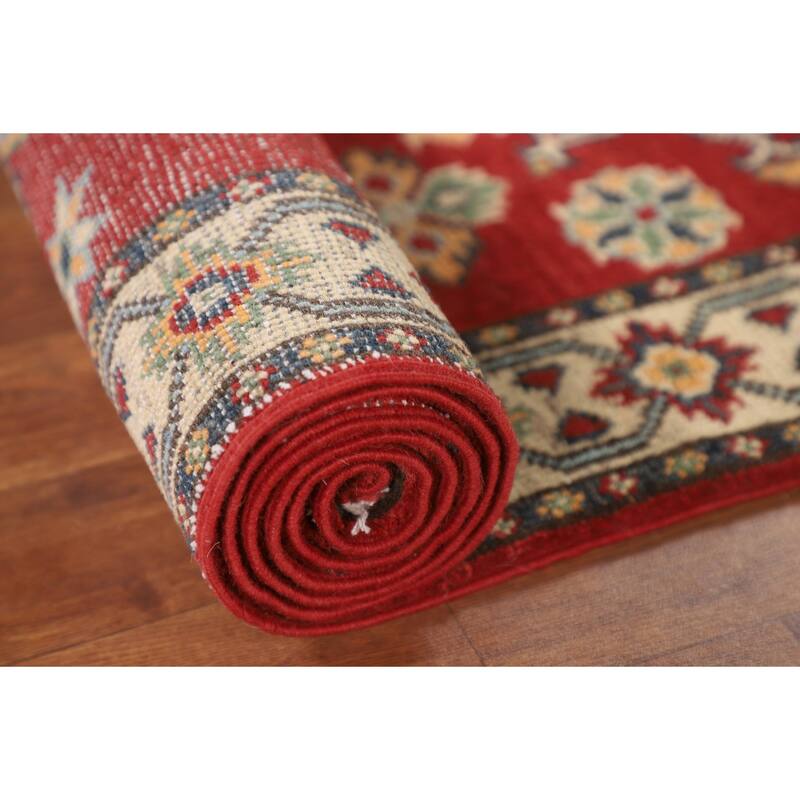 Geometric Red Kazak Runner Rug Hand-Knotted Wool Carpet - 2'1" x 6'0"
