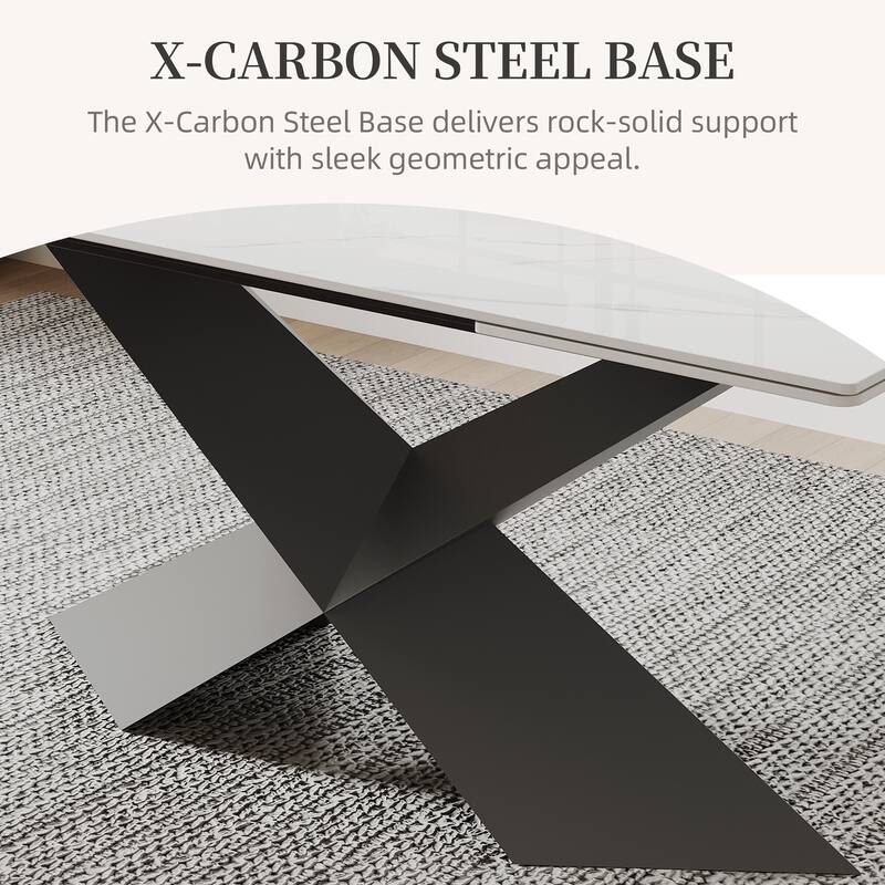 63-95"Extendable Modern Dining Table for 4-10, White Glossy Sintered Stone Tabletop, black X-Shaped Steel Legs - 94.5