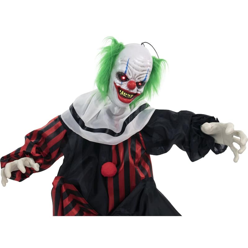 Life-Size Animatronic Crouching Clown with Lights and Sound, Indoor or Covered Outdoor Halloween Decoration