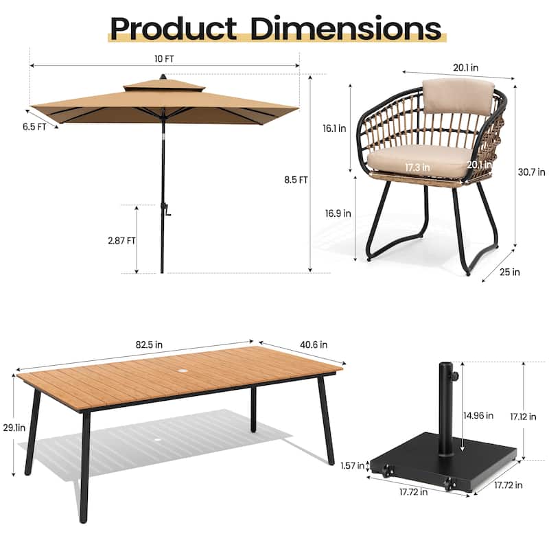 11PC Outdoor Patio Dining Set Aluminum Table with Rattan Chairs w/ Premium Market Umbrella Sets