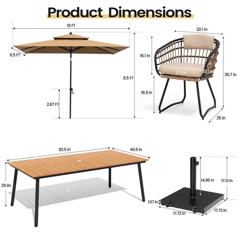 11PC Outdoor Patio Dining Set WoodLike Aluminum Umbrella Hole Table with Rattan Chairs,Double Top Market Umbrella and Wheel Base