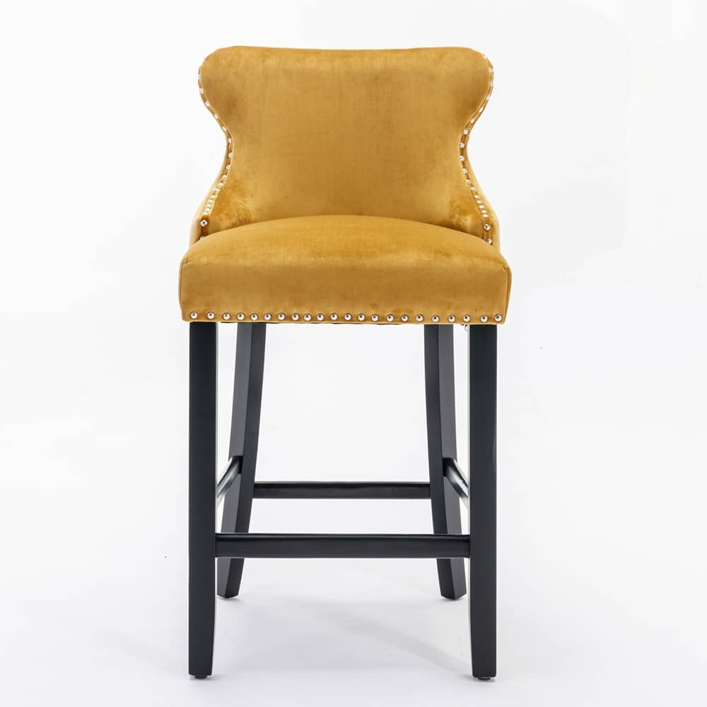 Velvet Upholstered Wing-Back Barstools with Button Tufted Decoration and Wooden Legs