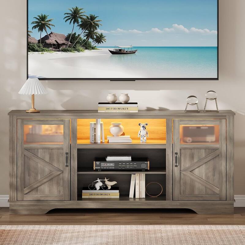 Entertainment Center TV Stand for 65 Inch TVs with Storage Cabinets, Power Outlet & LED Light - N/A - Grey