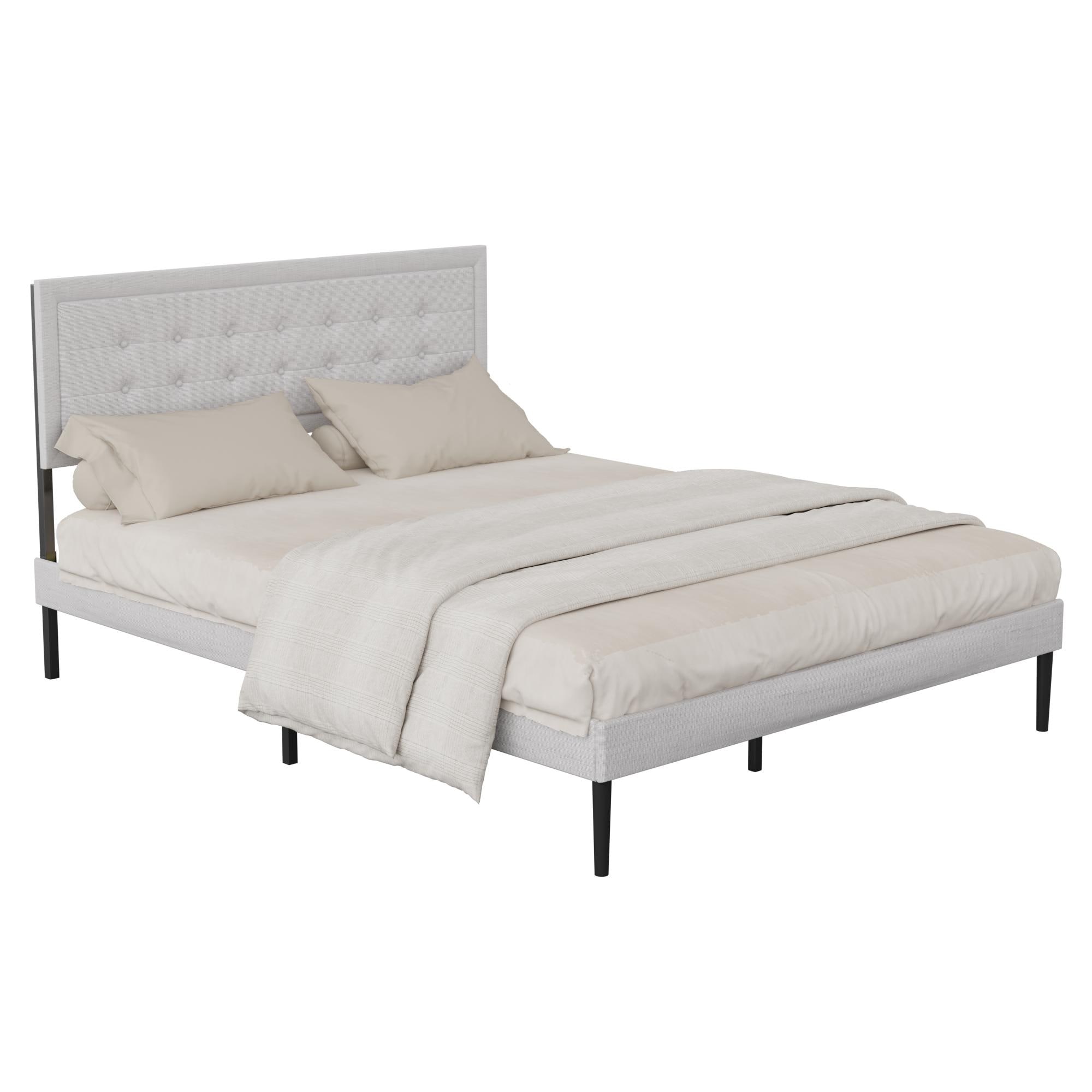 Queen Size Upholstered Platform Bed with Tufted Headboard, Wooden Slat Support, Soft Fabric Frame, Box Spring Required