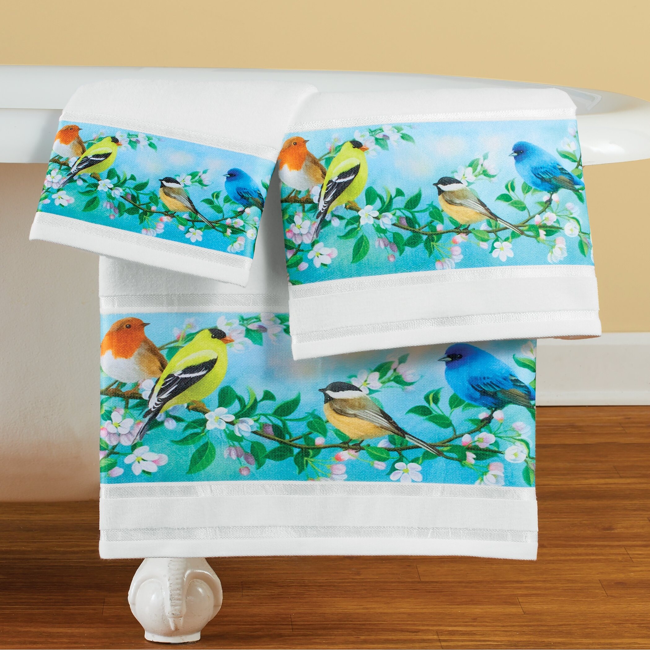 New Embroidered Bird on Branch Nature Bathroom Terry Cotton Hand Towels SET