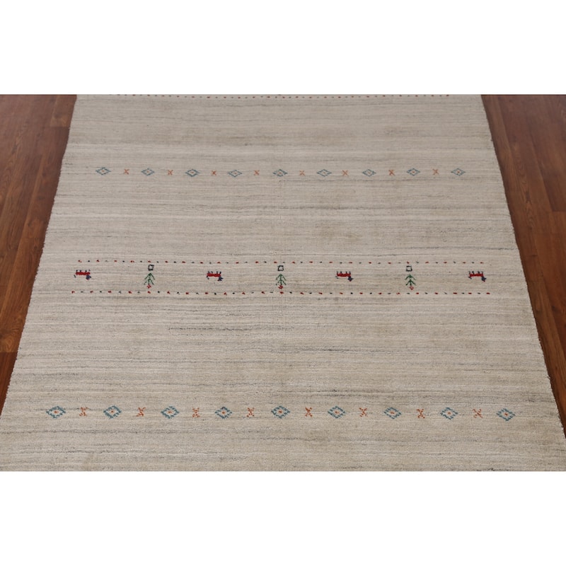 Beige Tribal Gabbeh Indian Area Rug Hand-Knotted Wool Carpet - 5'0" x 7'9"