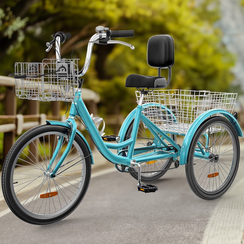 24"/26" Mint Green Adult Tricycle 7 Speed Trike Bike with Shimano Shifting with Removable Baskets