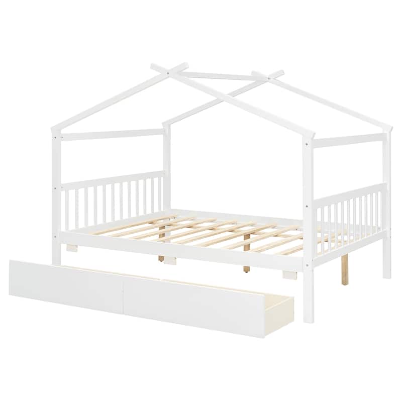 Creativity House Bed Full Size Frame with 2 Wood Drawers for Boys Girls, Wood Platform Bed with Roof No Box Spring Needed
