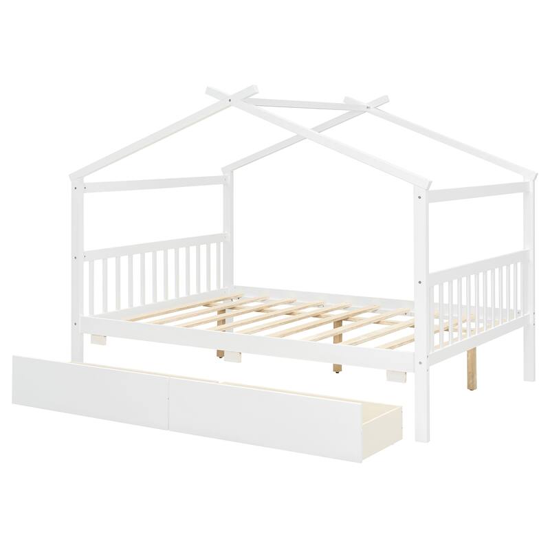 Full Size House Bed with 2 Drawers and Headboard Solid Wood Construction