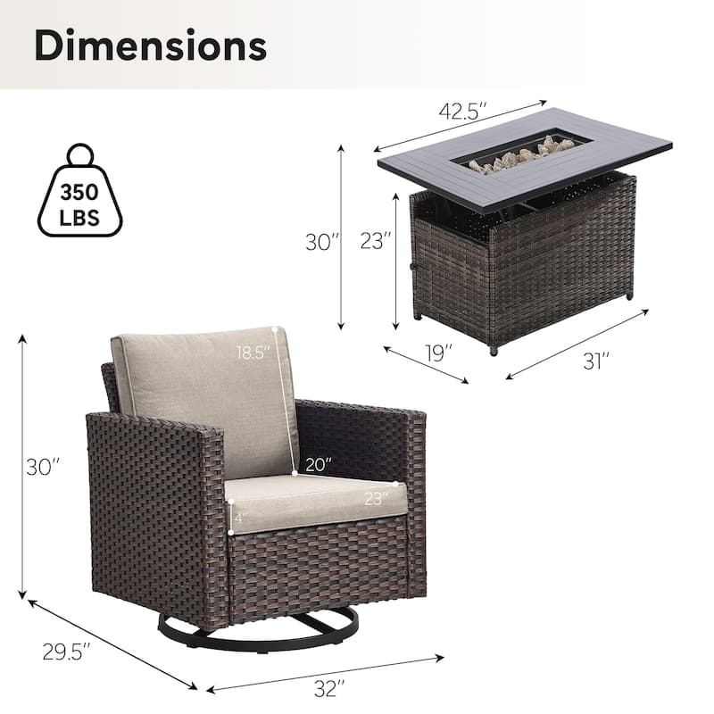 Outdoor Grey Wicker Fire Pit Table with 4 Swivel Chairs