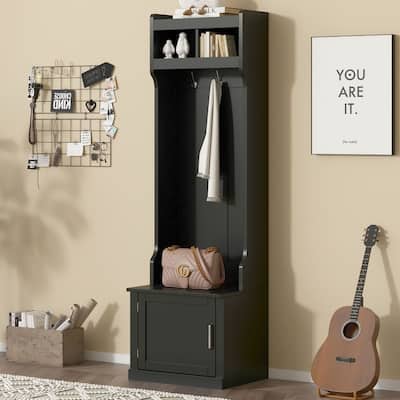 Minimalist Slim Hall Tree with Cabinet & 6 Hanging Hooks