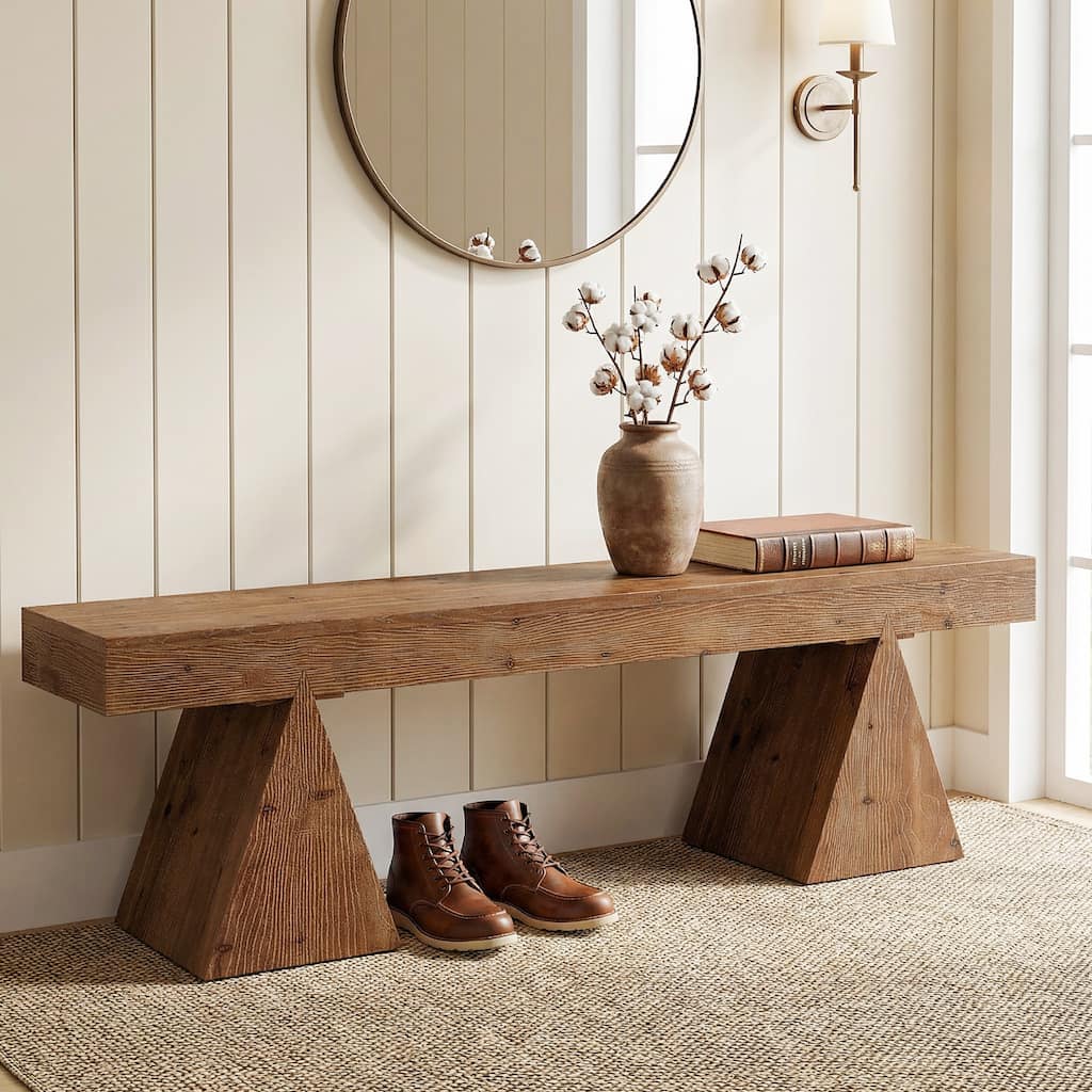 63" Solid Wood Bench, End of Bed Bench, Farmhouse Entryway Benches for Bedroom, Hallway, Kitchen