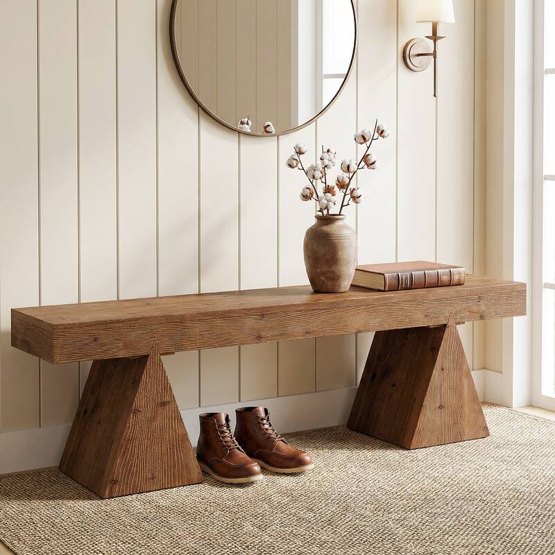 63" Solid Wood Bench, End of Bed Bench, Farmhouse Entryway Benches for Bedroom, Hallway, Kitchen - Brown