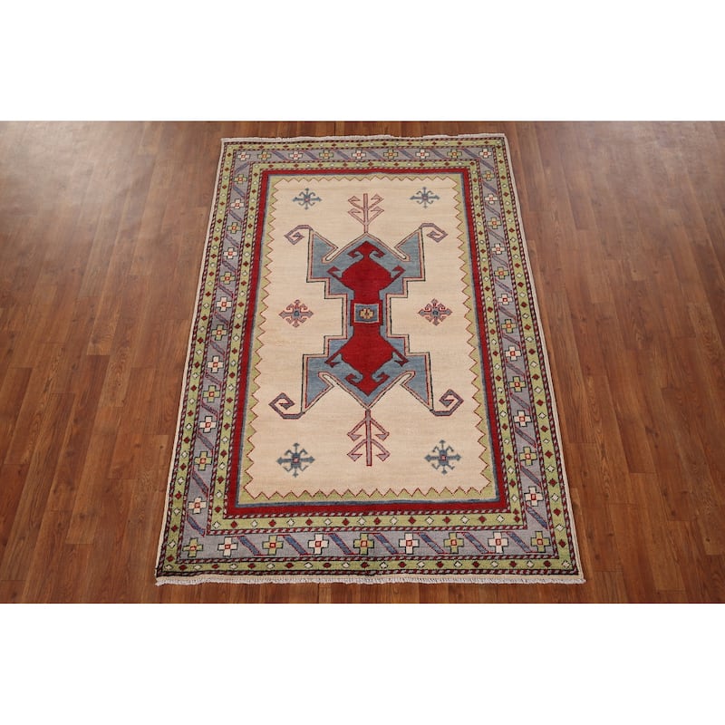 Oriental Beige Kazak Area Rug Handmade Wool Carpet - 4'1" x 6'0"