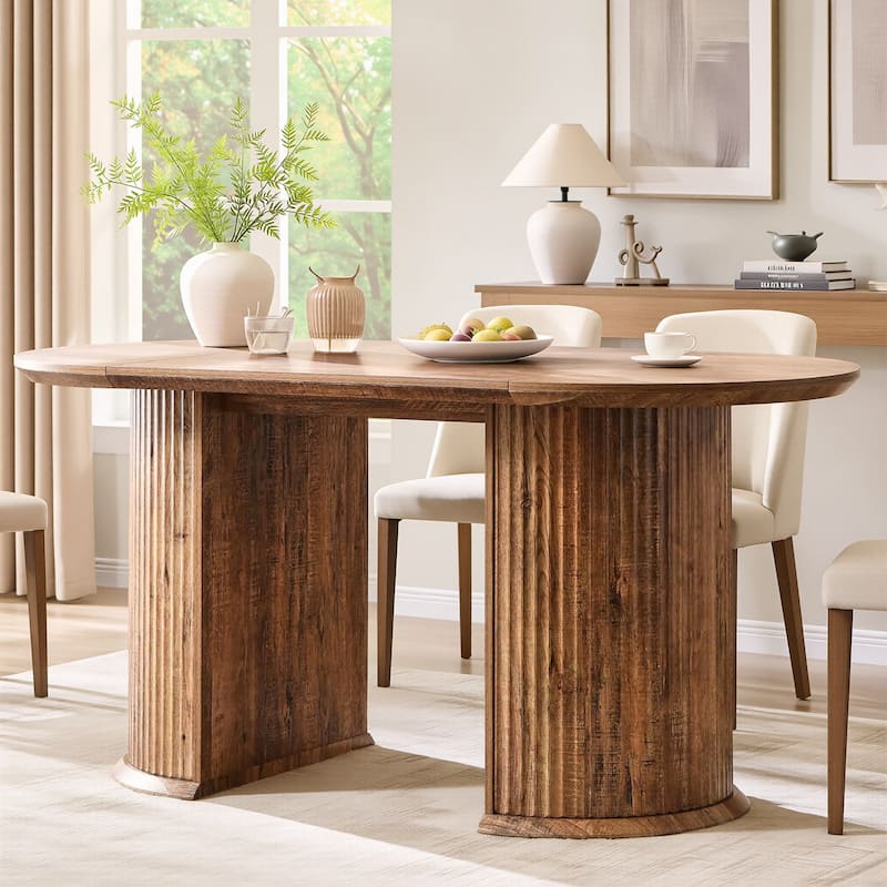 Modern 63" Fluted Oval Dining Table, Thick Edge Semicylindrical Base - N/A - Gold Rustic Brown