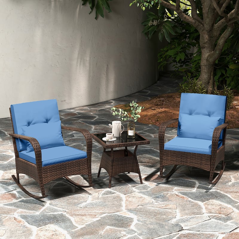 Gymax 3 Piece Outdoor Rocking Set Rattan Rocker Chairs w/ Tempered