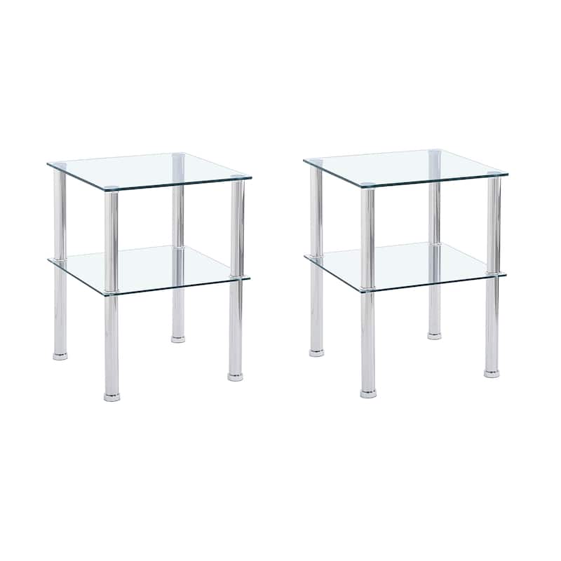 Set of 2 Tempered Glass 2-Tier Side Table with Storage Shelve - Clear