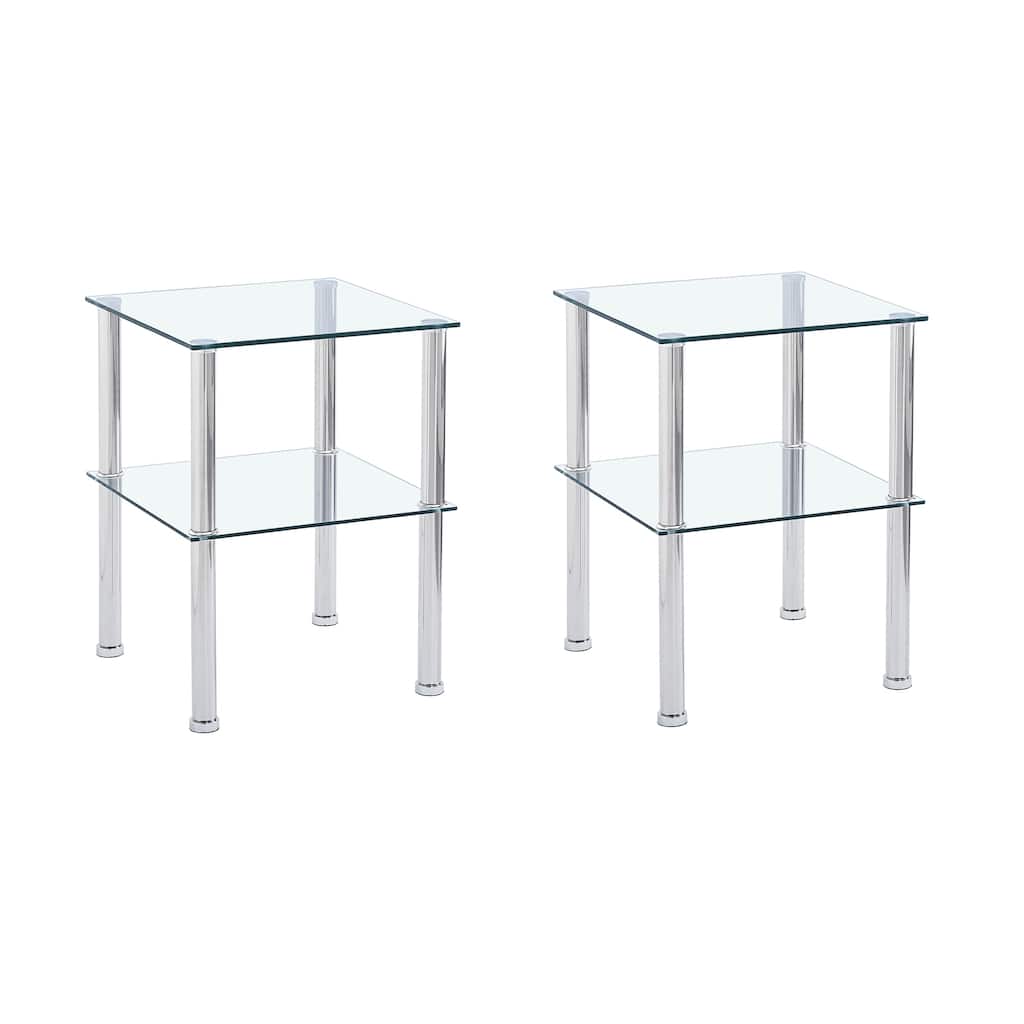 Set of 2 Tempered Glass 2-Tier Side Table with Storage Shelve