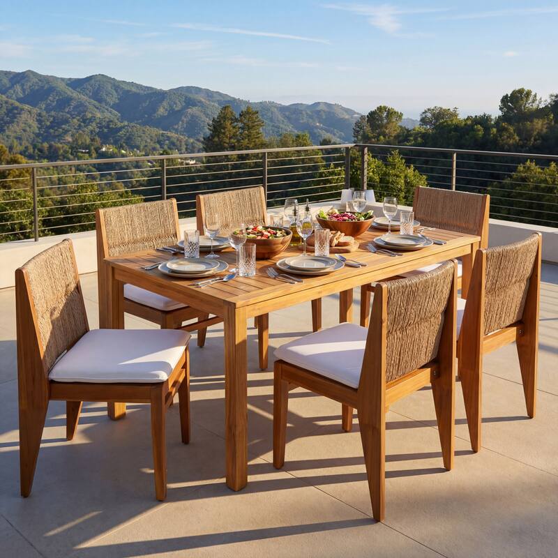 Christopher Knight Home - Modern Acacia Outdoor Dining Set with Cushioned Armless Chairs & 69" Dining Table with Umbrella Hole
