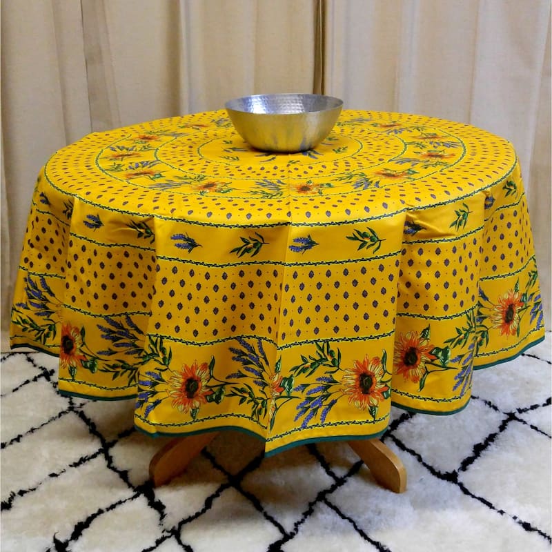 Wipeable Spill Resistant Provencal Cotton Cannes Collection Tablecloth - 71-in Round - Yellow Sunflower Lavender