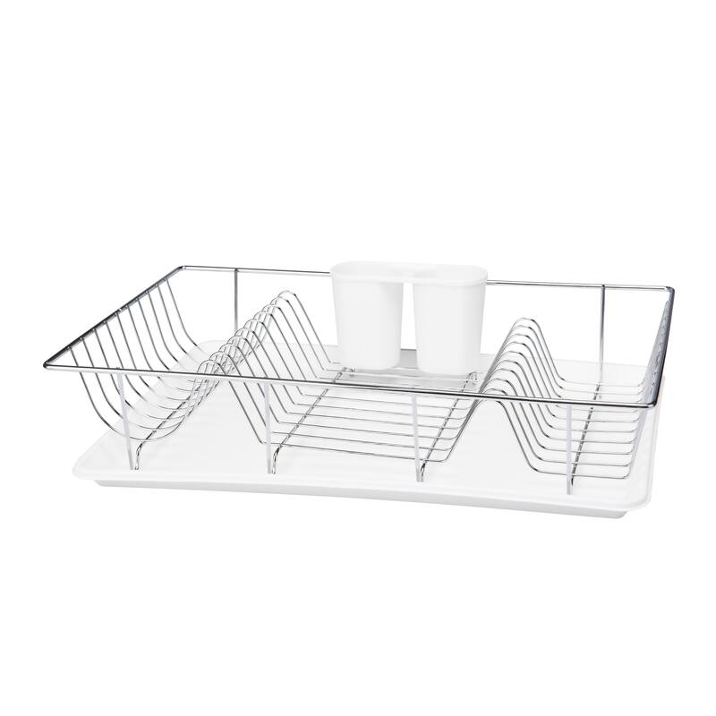 Kitchen Details 3 Piece Chrome Dishrack with Tray in White - 19"x12"x4"
