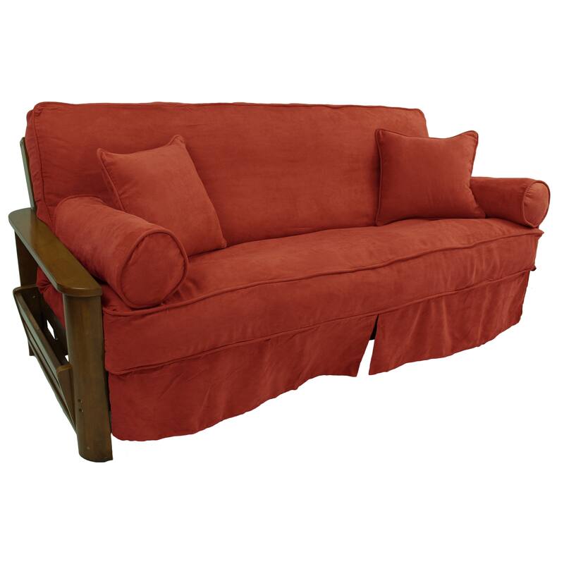 Microsuede Full-Size 8-10 Inch Thick Futon Slip Cover Set with Four Throw Pillows - Cardinal Red