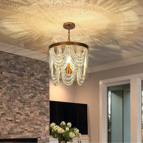 Renia LUXURY French Contemporary Glam Tiered Distressed Wood Beaded Chandelier 4-light Boho Ceiling Light