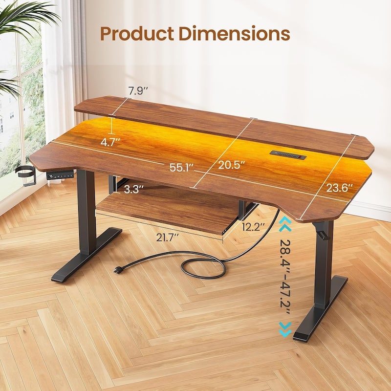 55" Standing Gaming Desk Long Computer Desk Power Strip Keyboard Tray