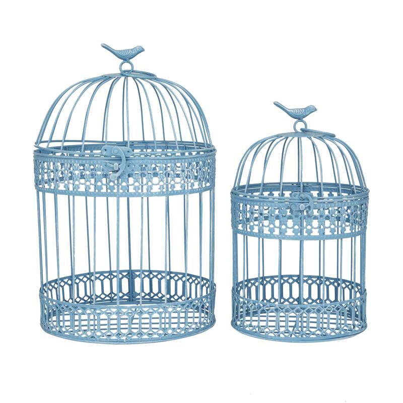 Metal Birdcage with Latch Lock Closure and Hanging Hook - Set of 2 Blue or White - Roche River Decor