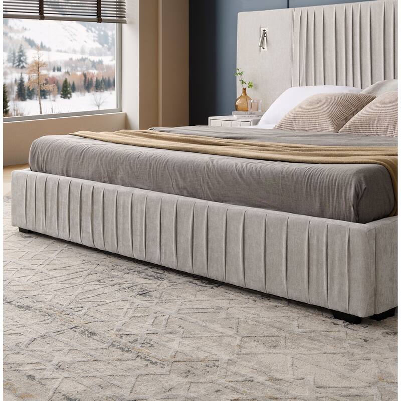 Roomfitters King Upholstered Chenille Platform Bed with Pleated Headboard and Built-In Bedside Tables, Solid Frame