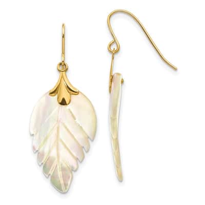 Curata 14k Yellow Gold Mother of Pearl Leaf Dangle Earrings (13mm x 33mm)