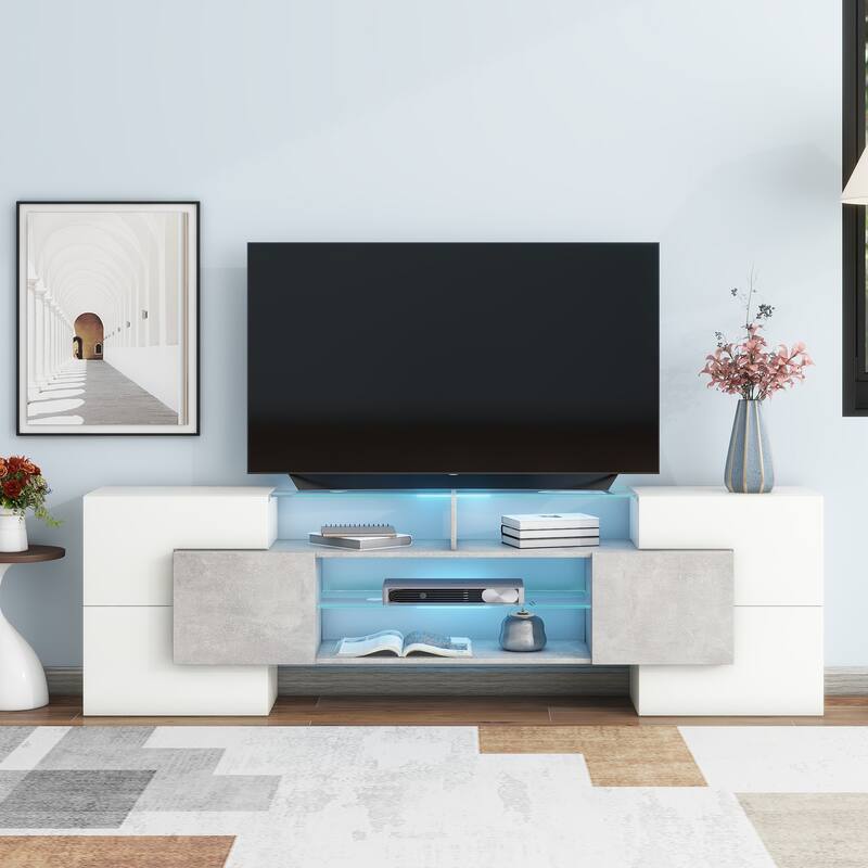 Grey 78.7" TV Stand with Illuminated Glass Shelves & LED for TVs Up to 88"