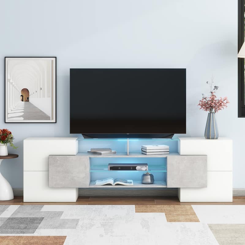 Modern Stylish TV Stand for TVs up to 88 Inches with LED Color-Changing Lights and 2 Glass Shelves, for Living Rooms